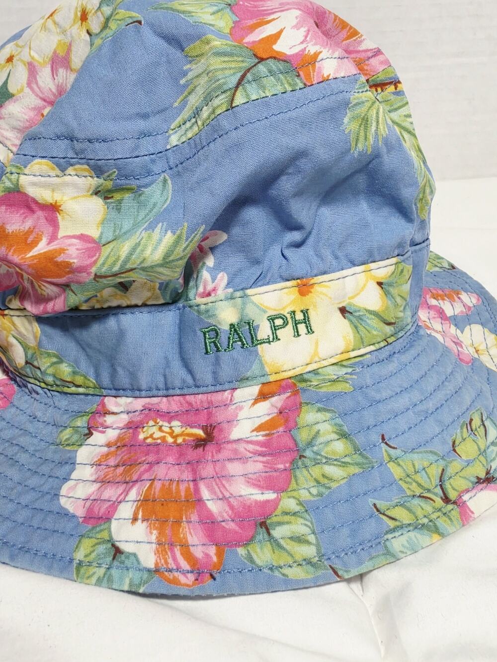 Polo RALPH Hawaiian Plaid Vichy Blue Tropical Bucket Hat Beach Vtg Cotton S Y2K
